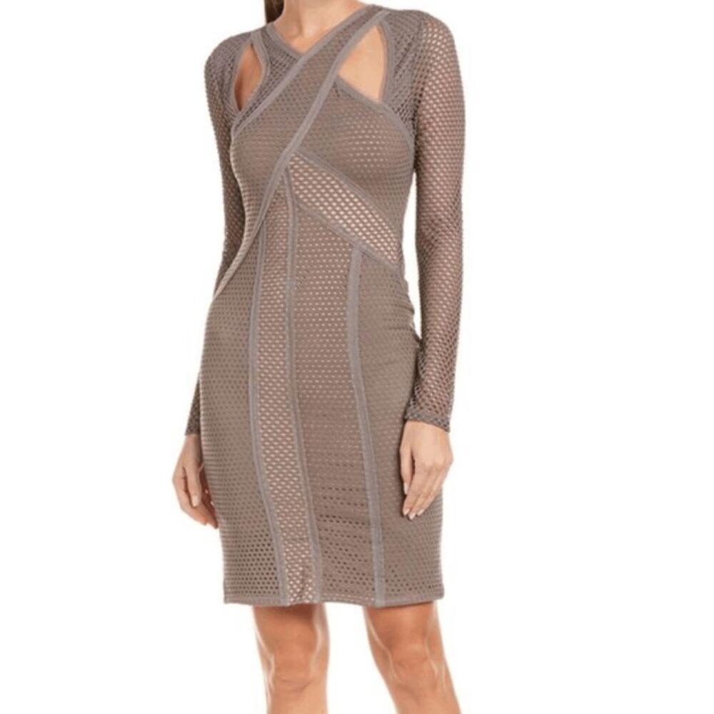 NWT‎ BCBGMaxAzria Jaylynn Mesh Patchwork Dress Taupe Brown Bodycon Sexy Size XXS